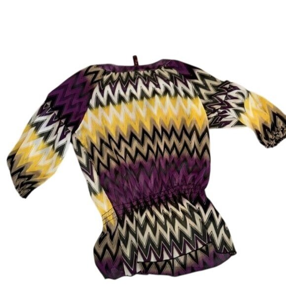 Chevron Pattern Purple & Yellow Peasant Blouse With 3/4 Sleeves & Button Detail - Picture 7 of 9